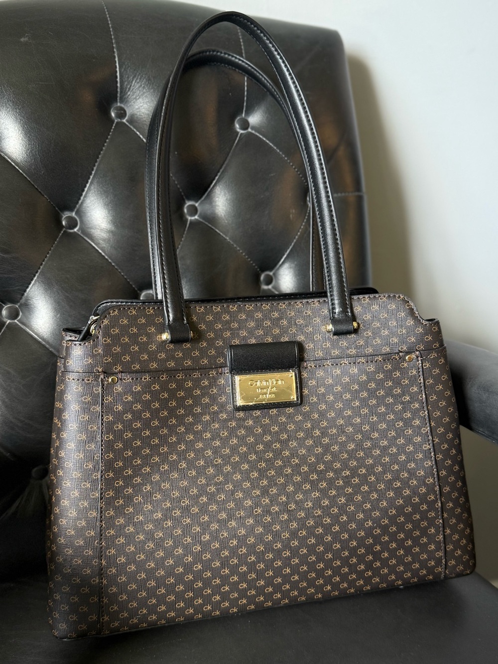 Calvin Klein Brown Monogram Tote with Black Handles